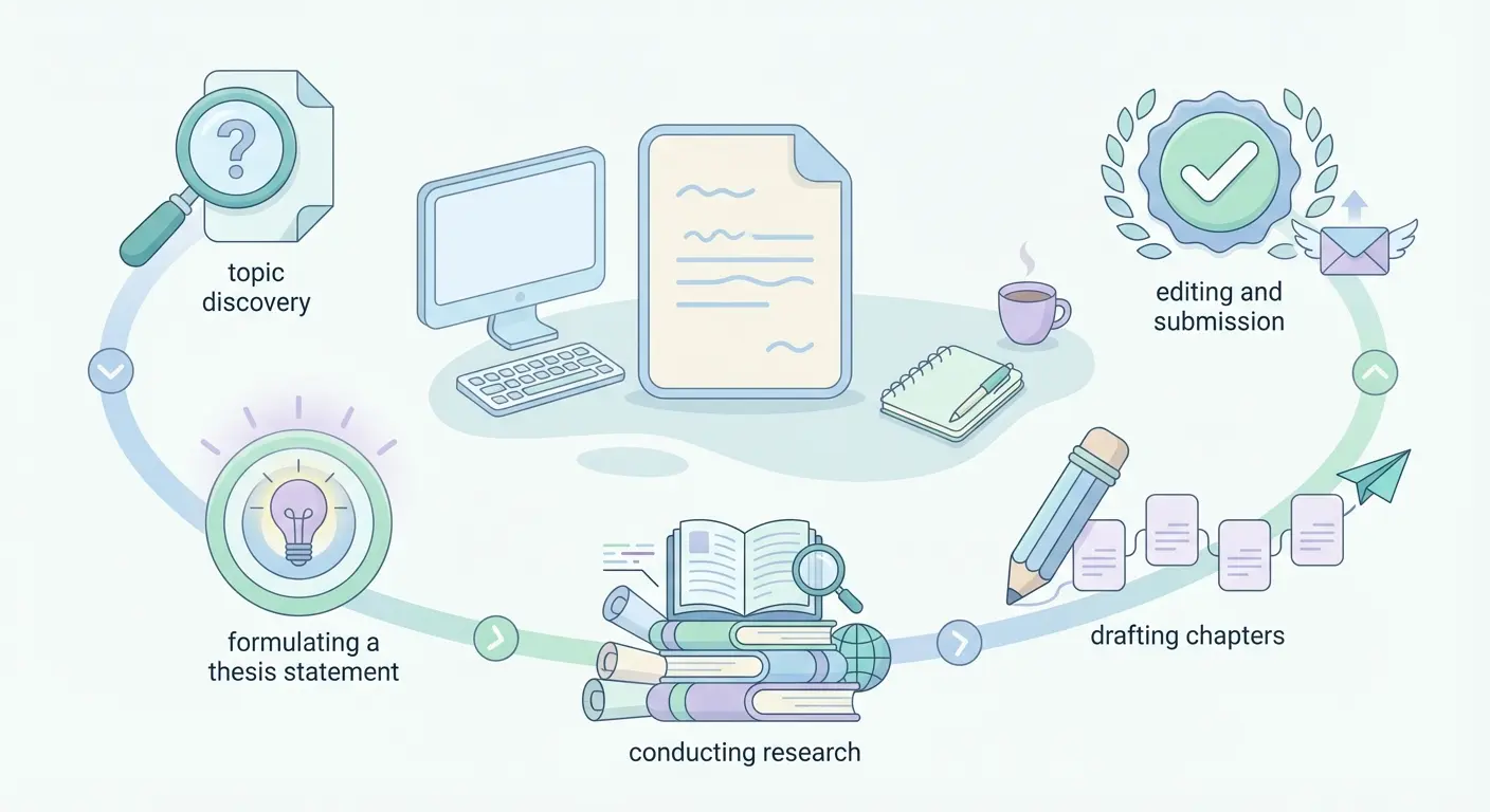 Step-by-step overview diagram showing how to write a thesis, from topic selection to final submission