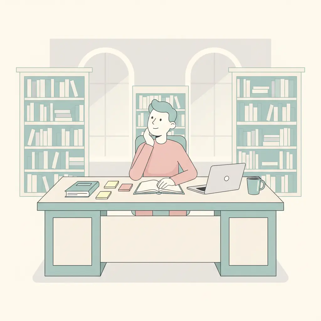 University student sitting at library desk auditing thesis topic ideas with notebook, sticky notes, and laptop
