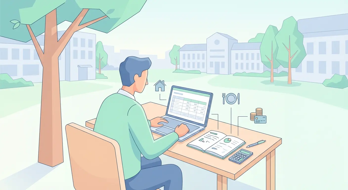 University student planning study abroad budget with laptop, notebook, and calculator on a sunlit campus