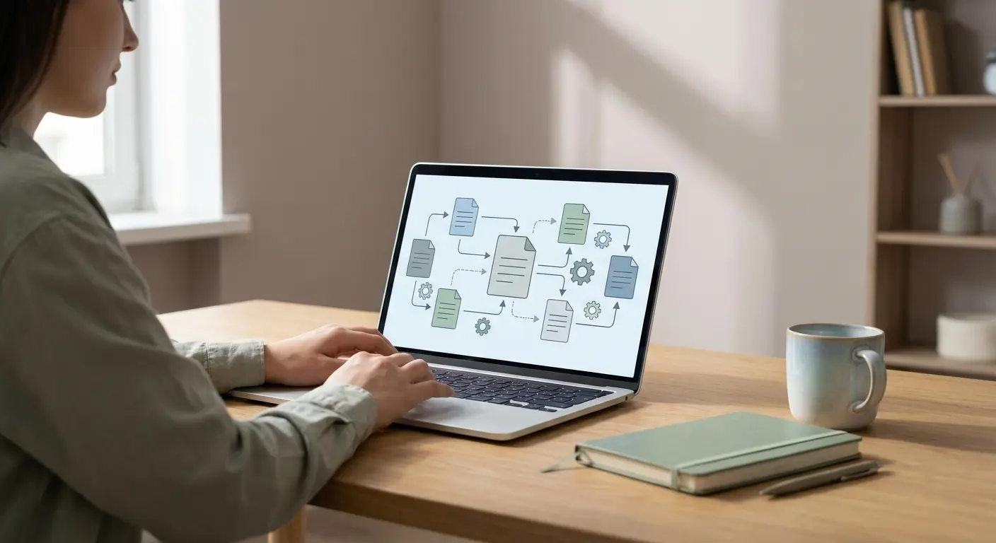 Automatic bibliography generator workflow shown on a laptop at a clean student thesis writing desk