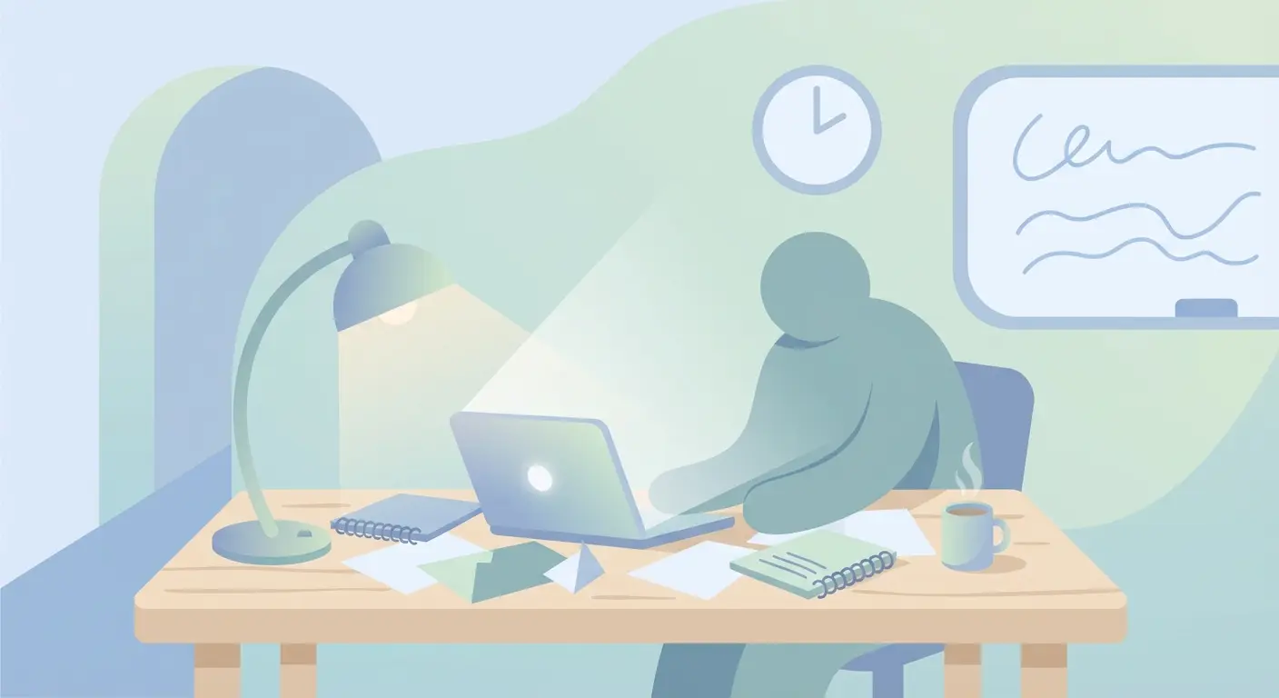 Frustrated student at a desk with laptop and scattered papers illustrating a common dissertation writing block scenario