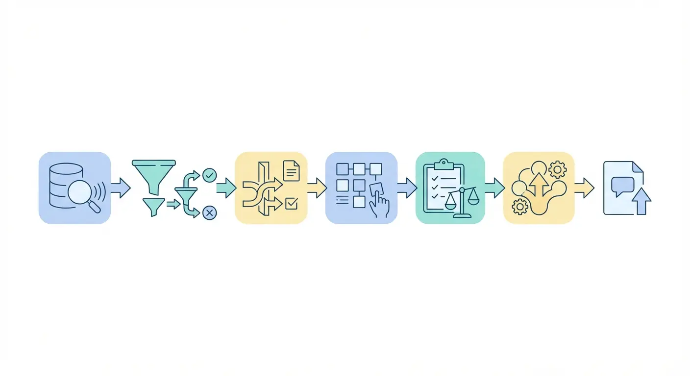 Systematic literature review process flowchart aligned with PRISMA 2020 — database searching, screening, eligibility, data extraction, quality appraisal, and synthesis