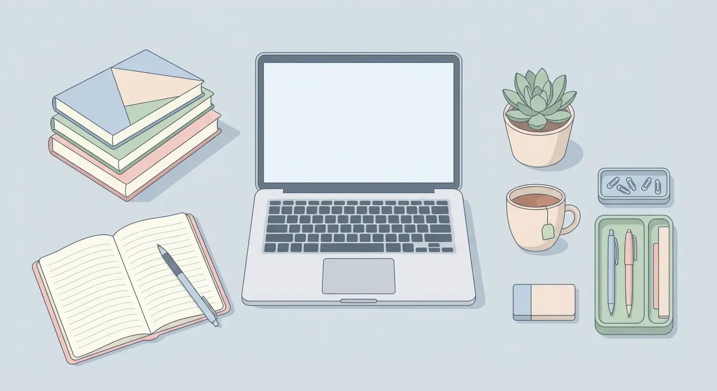 Organised dissertation writing workspace with laptop, notebook, stack of books, and a cup of tea — distraction-free environment for academic writing