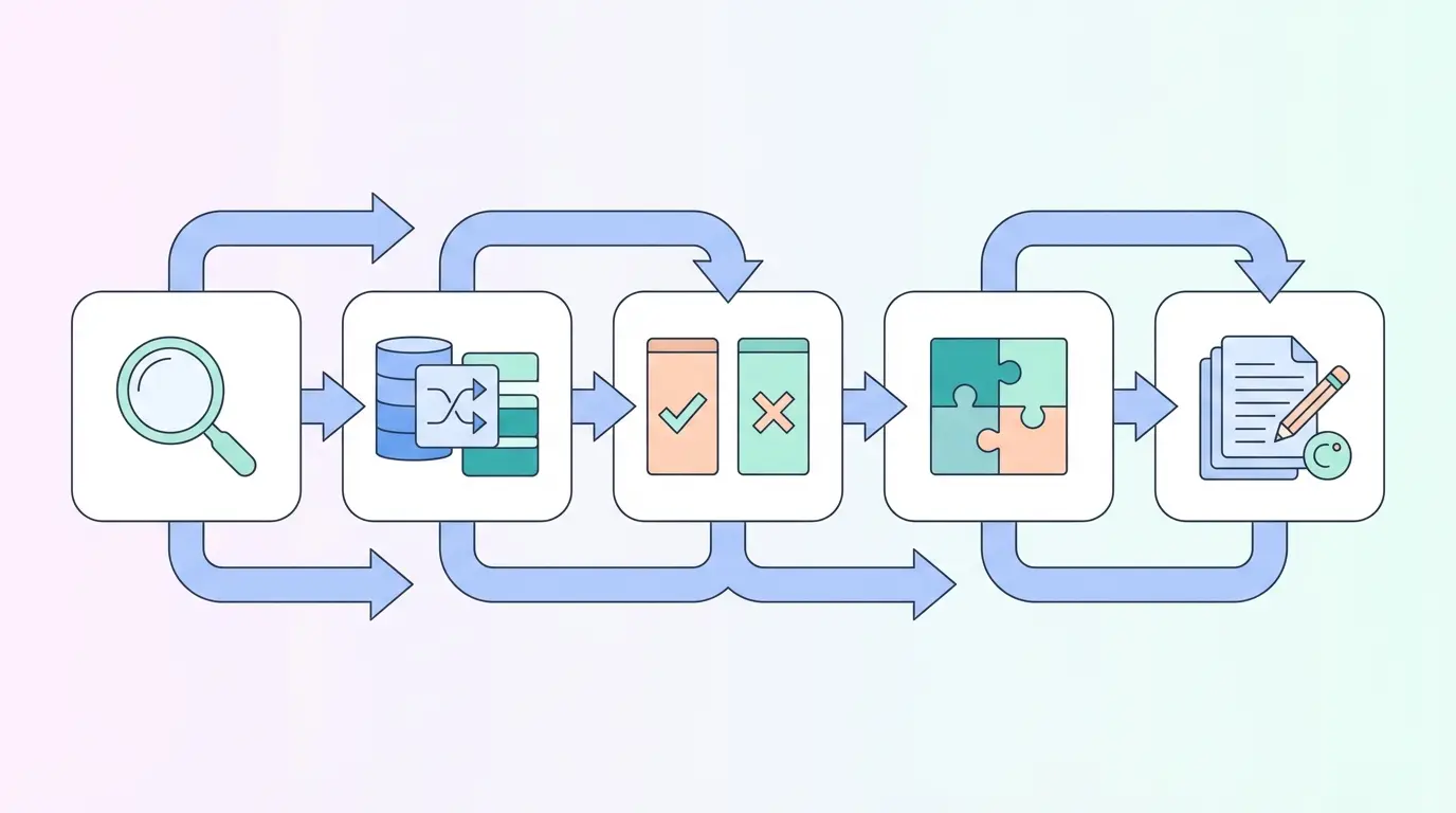 Literature review methodology workflow diagram showing five stages: define research question, database searching and deduplication, inclusion and exclusion criteria, critical appraisal and synthesis, and drafting with citations