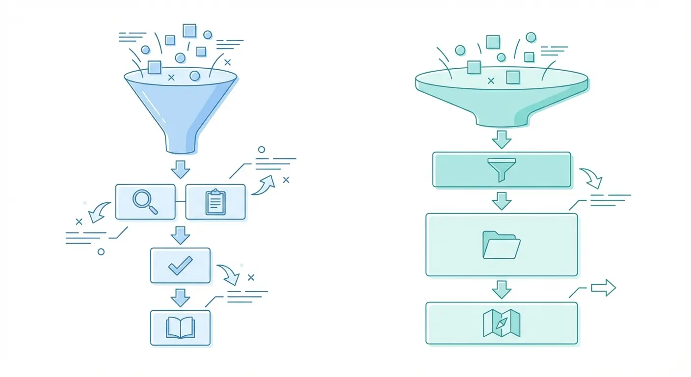 PRISMA flow diagram comparison for systematic review and scoping review — side-by-side funnel illustrations showing record identification, screening, eligibility, and inclusion stages under PRISMA 2020 and PRISMA-ScR reporting standards
