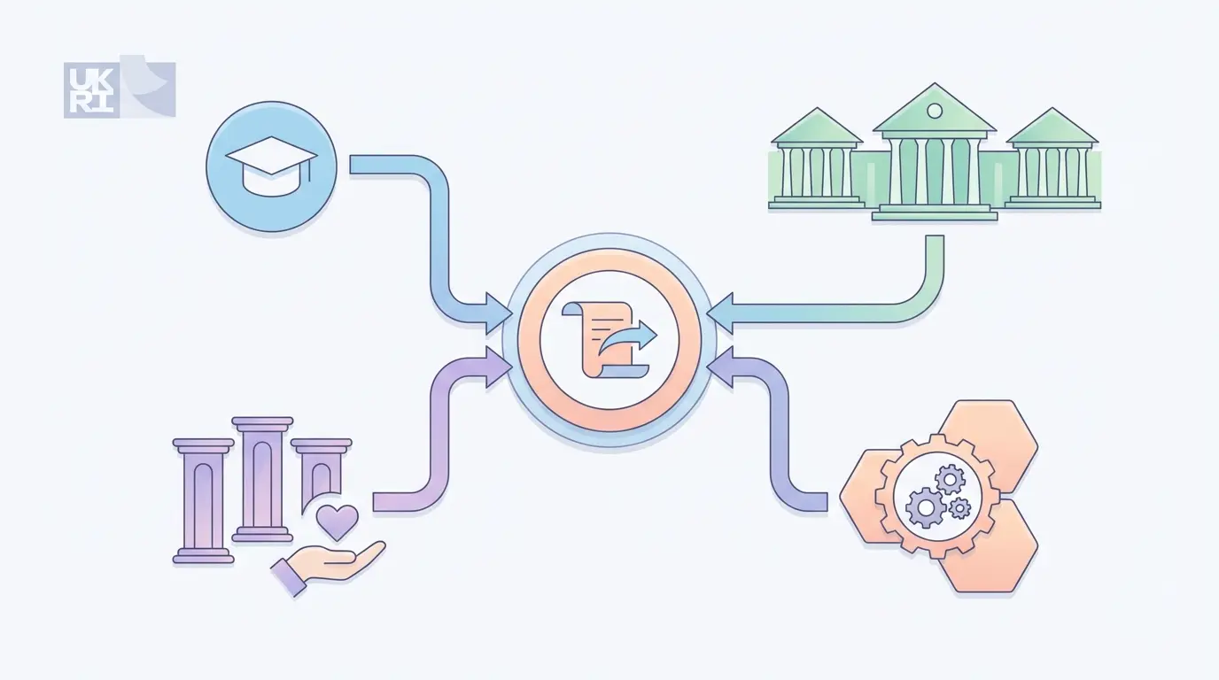 UK PhD funding ecosystem diagram showing UKRI, universities, charities, and industry partnership funding streams for doctoral studentships