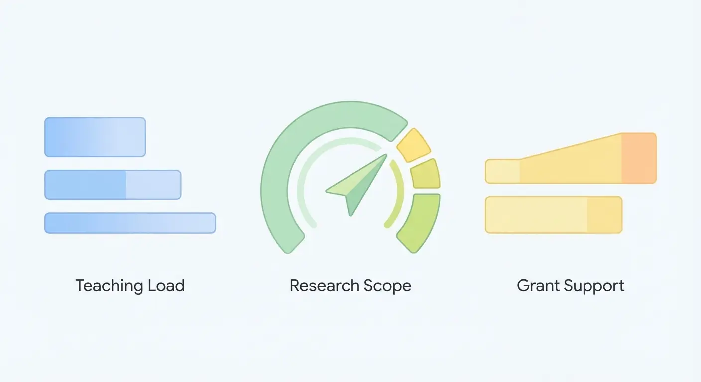 Flat-vector illustration showing how to quantify academic CV achievements — abstract bar charts and gauges representing teaching load, research scope, and grant funding amounts