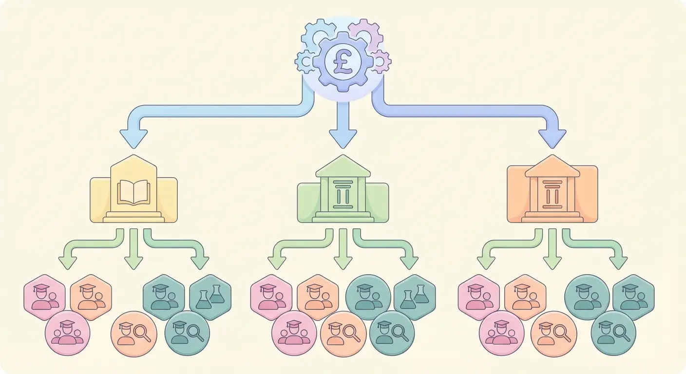Diagram showing how UKRI PhD funding flows from Research Councils through universities and Doctoral Training Programmes to individual doctoral students