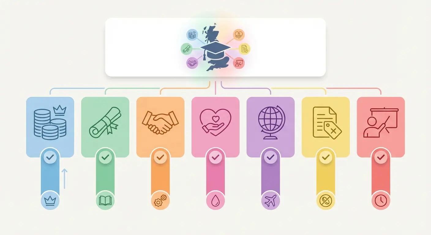 Visual comparison of seven UK PhD funding types for 2026 including UKRI studentships, university scholarships, iCASE industry awards, charity grants, Commonwealth scholarships, fee waivers, and teaching assistantships