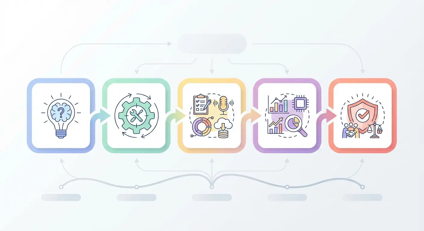 Flat-style infographic showing the five-step thesis methodology chapter writing process: research philosophy, design, data collection, analysis, and ethics
