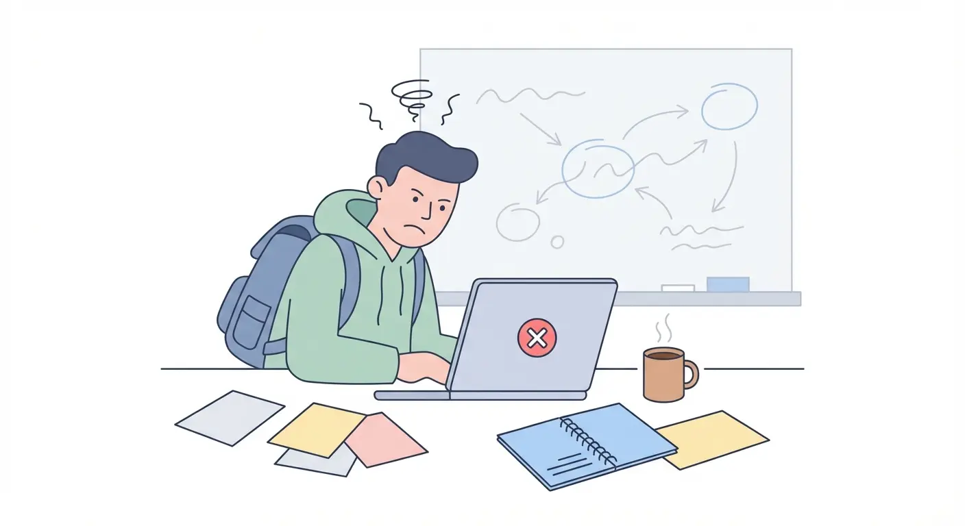 Graduate student frustrated at laptop showing plagiarism detector error during dissertation submission