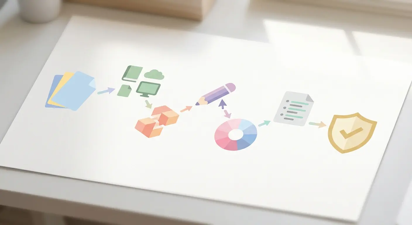 Step-by-step citation generation workflow diagram showing source collection, sorting by type, batch DOI import, manual entry, style selection, preview, and final verification