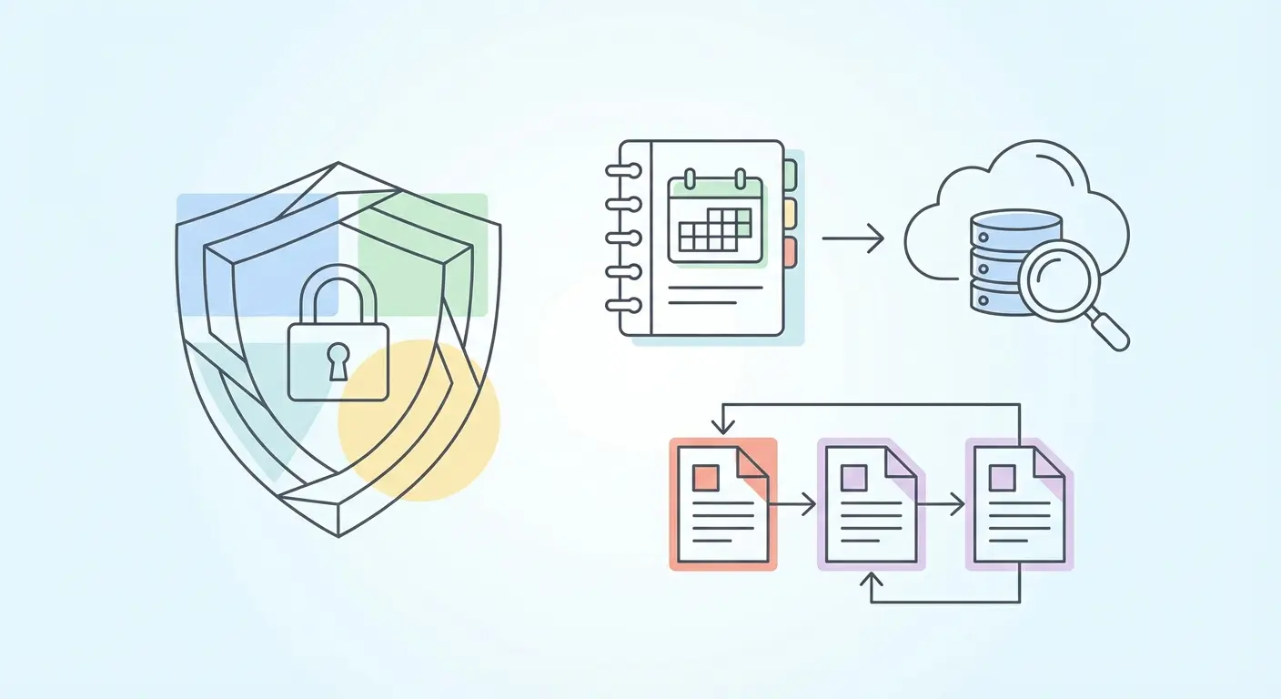 Academic integrity and preregistration in systematic reviews — shield motif representing research integrity alongside icons for protocol notebooks, calendars, and research databases