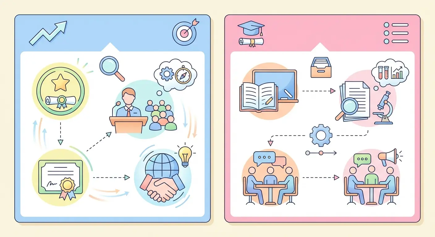 Visual comparison of scholarship CV priorities versus academic job CV priorities, showing how to tailor content for Fulbright, Rhodes, and Chevening applications