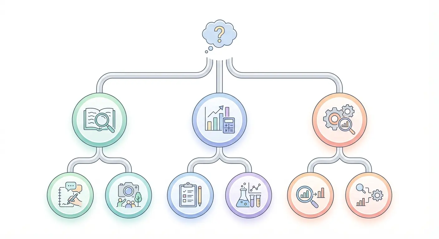 Research design decision tree showing branching pathways from a research question into qualitative, quantitative, and mixed methods approaches with icons representing different methodological strategies