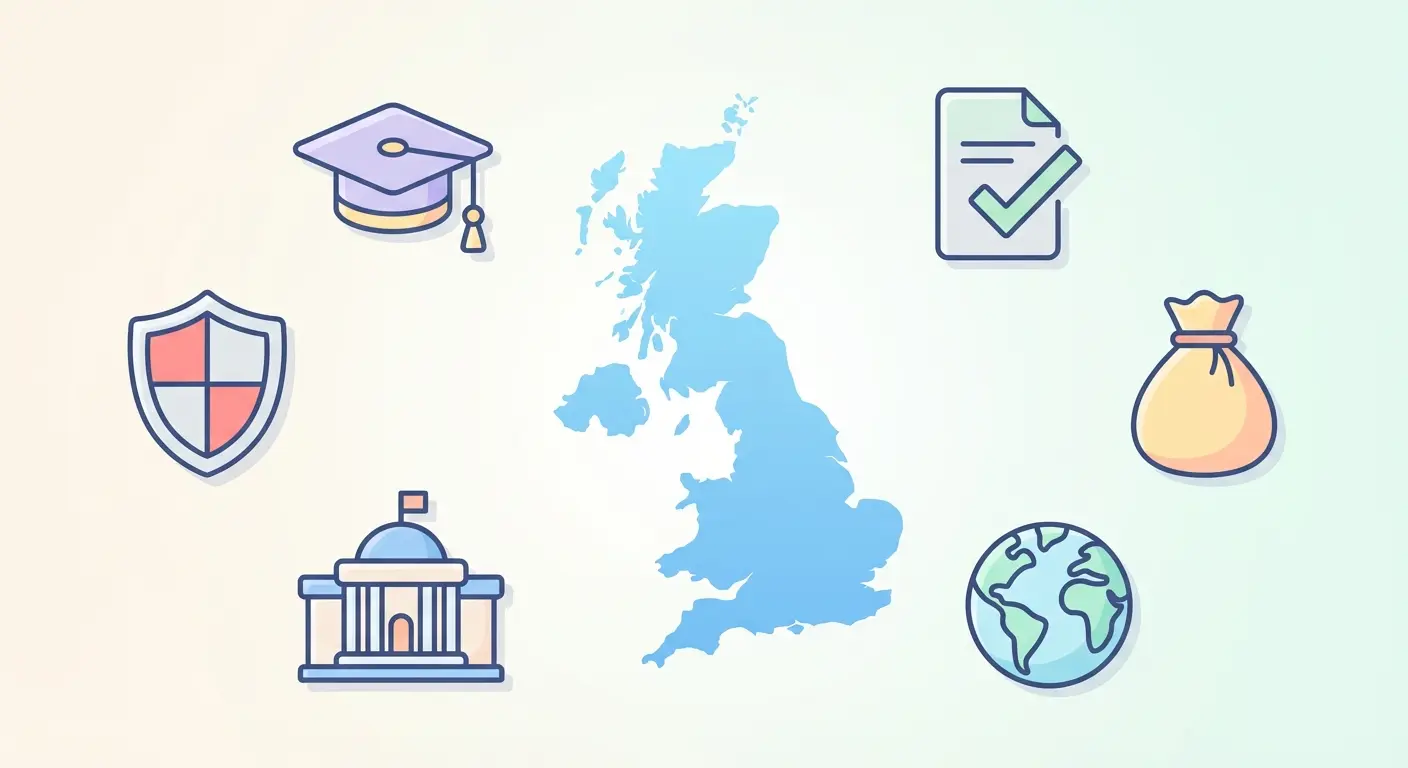 PhD funding UK 2026 overview for international students — icons representing scholarships, universities, and research grants surrounding a UK map