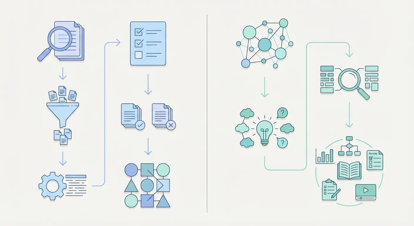 Systematic literature review vs scoping review workflow comparison — parallel lane illustration showing search, screening, and synthesis steps for each academic research methodology