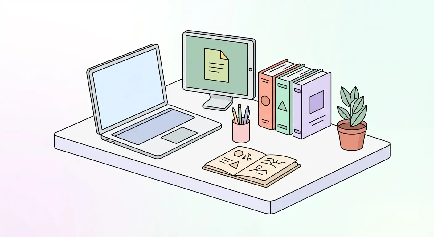 Academic desk setup with laptop, citation style manuals, and research tools illustrating research methodology and citation standardization workflow