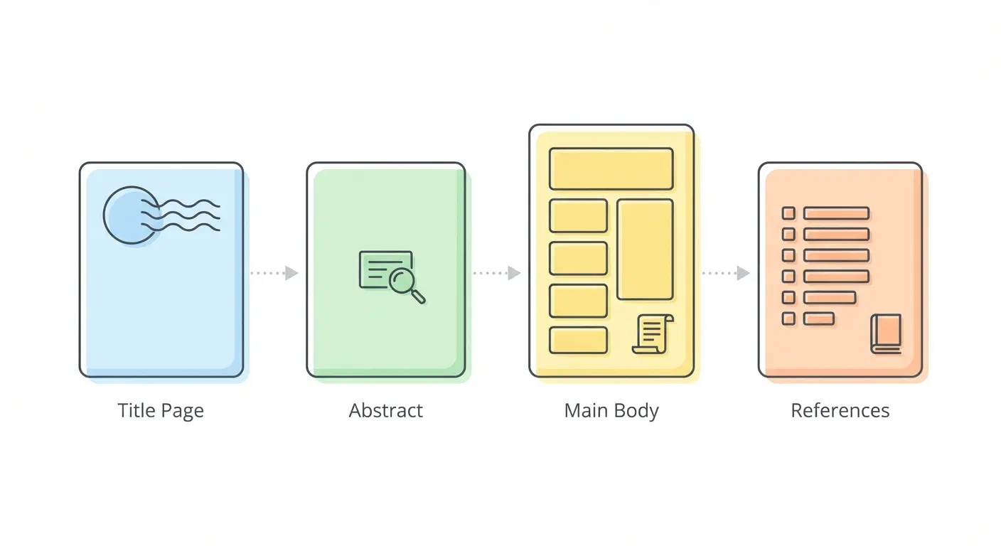 APA format 7th edition paper structure diagram showing title page, abstract, body, and references sections in a modular flat-style illustration