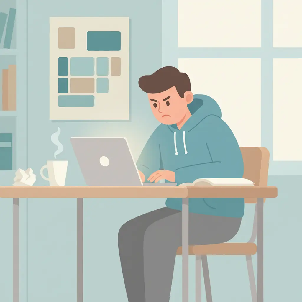 Stressed university student at desk with laptop and papers facing a dissertation deadline