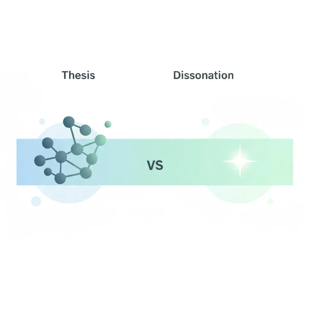 Educational illustration showing the originality spectrum from thesis-level synthesis on the left to dissertation-level original knowledge contribution on the right, using abstract nodes and a gradient bar