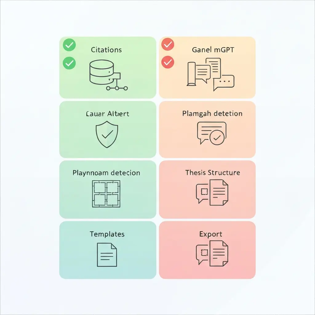Infographic comparing academic AI and ChatGPT for thesis writing using icon-based indicators for citation accuracy, plagiarism detection, thesis structure templates, and export formats