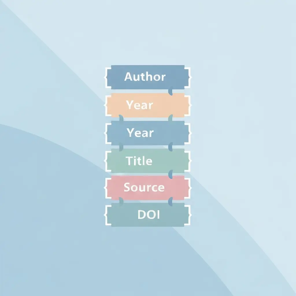 Concept illustration of APA citation formatting for a thesis showing abstract colour-coded blocks representing author, year, title, source, and DOI elements with indentation and connector cues