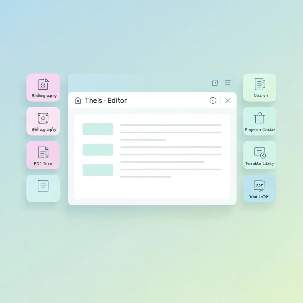Tesify academic AI thesis platform dashboard interface showing an integrated writing editor with side panels for bibliography management, plagiarism checker, template library, and PDF, Word, and LaTeX export options