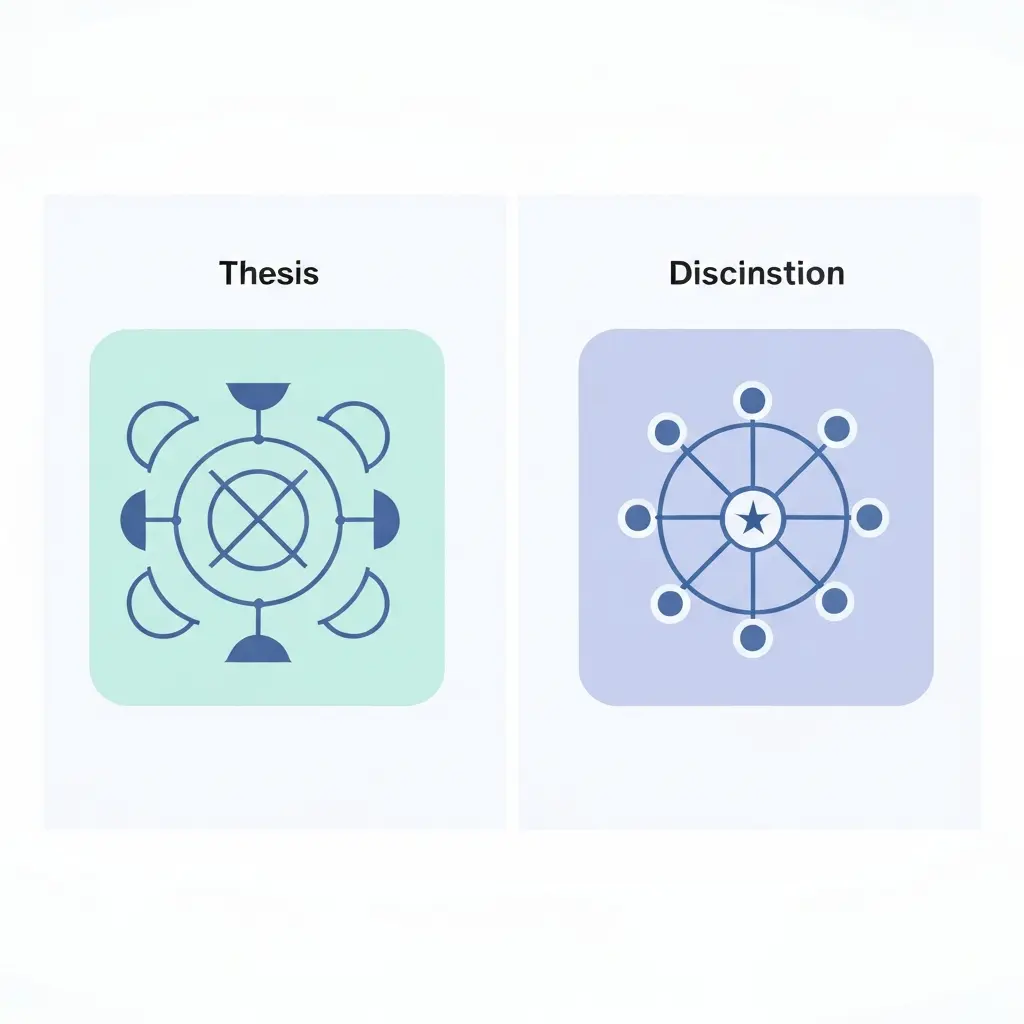 Flat-vector illustration contrasting thesis and dissertation across academic levels — left panel shows synthesis and argument framing, right panel shows original knowledge contribution