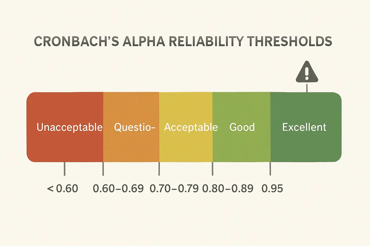 Reliability threshold spectrum for Cronbach's alpha showing ranges from unacceptable below .60 through acceptable .70 to excellent .90 and redundancy warning above .95