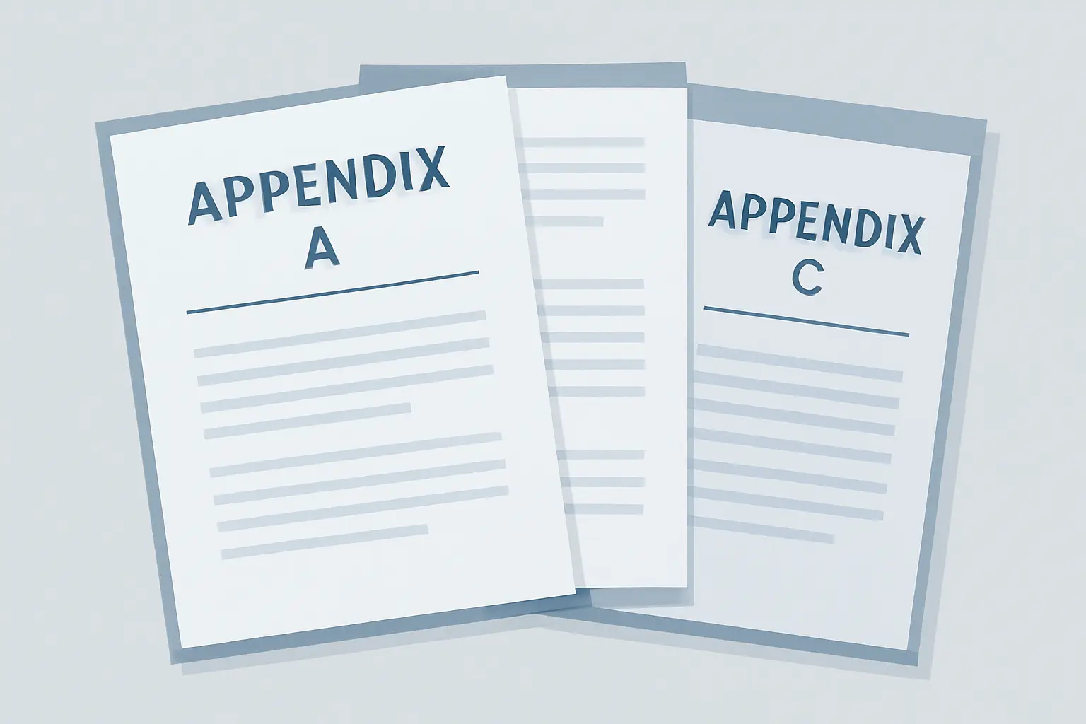 Thesis appendices labelled Appendix A, B, and C, each beginning on a new page with a bold centred title in APA format