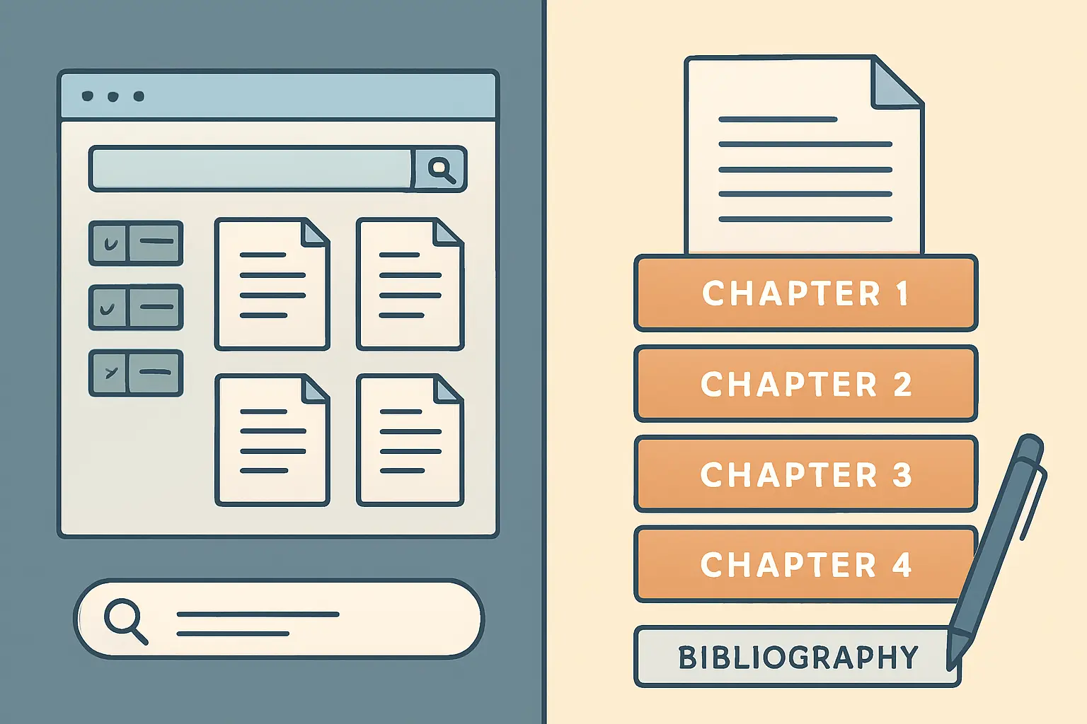Side-by-side comparison illustration of a literature discovery tool versus a thesis writing pipeline showing different academic AI research workflows