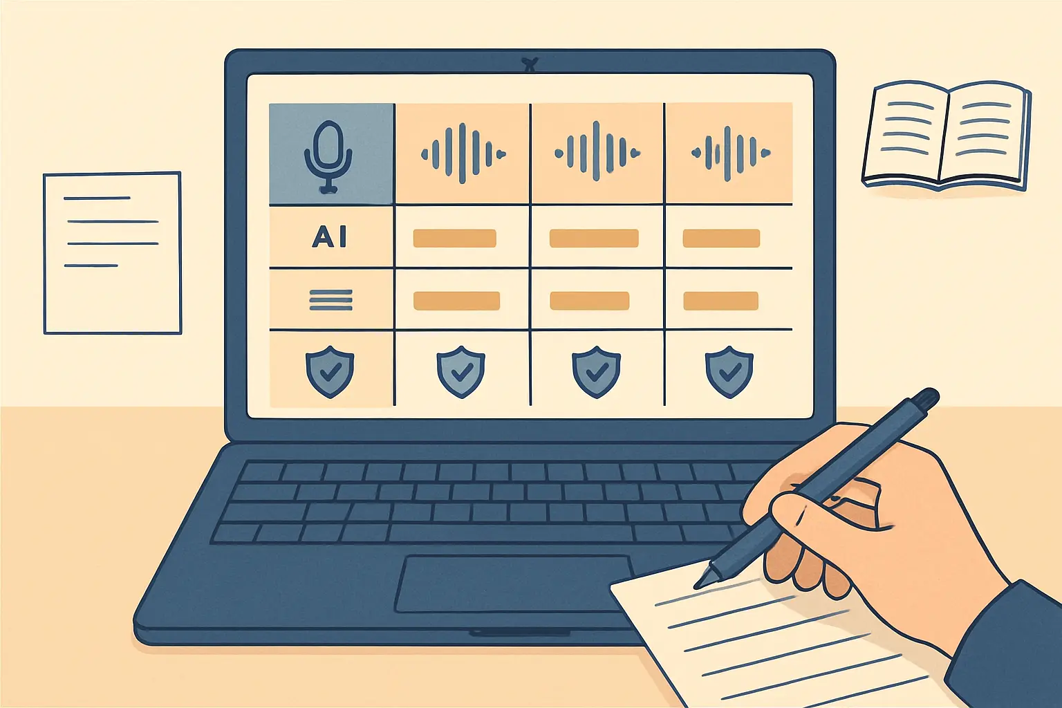 Illustration of a side-by-side comparison grid of AI transcription tools showing accuracy, speaker labels and data security features for qualitative research