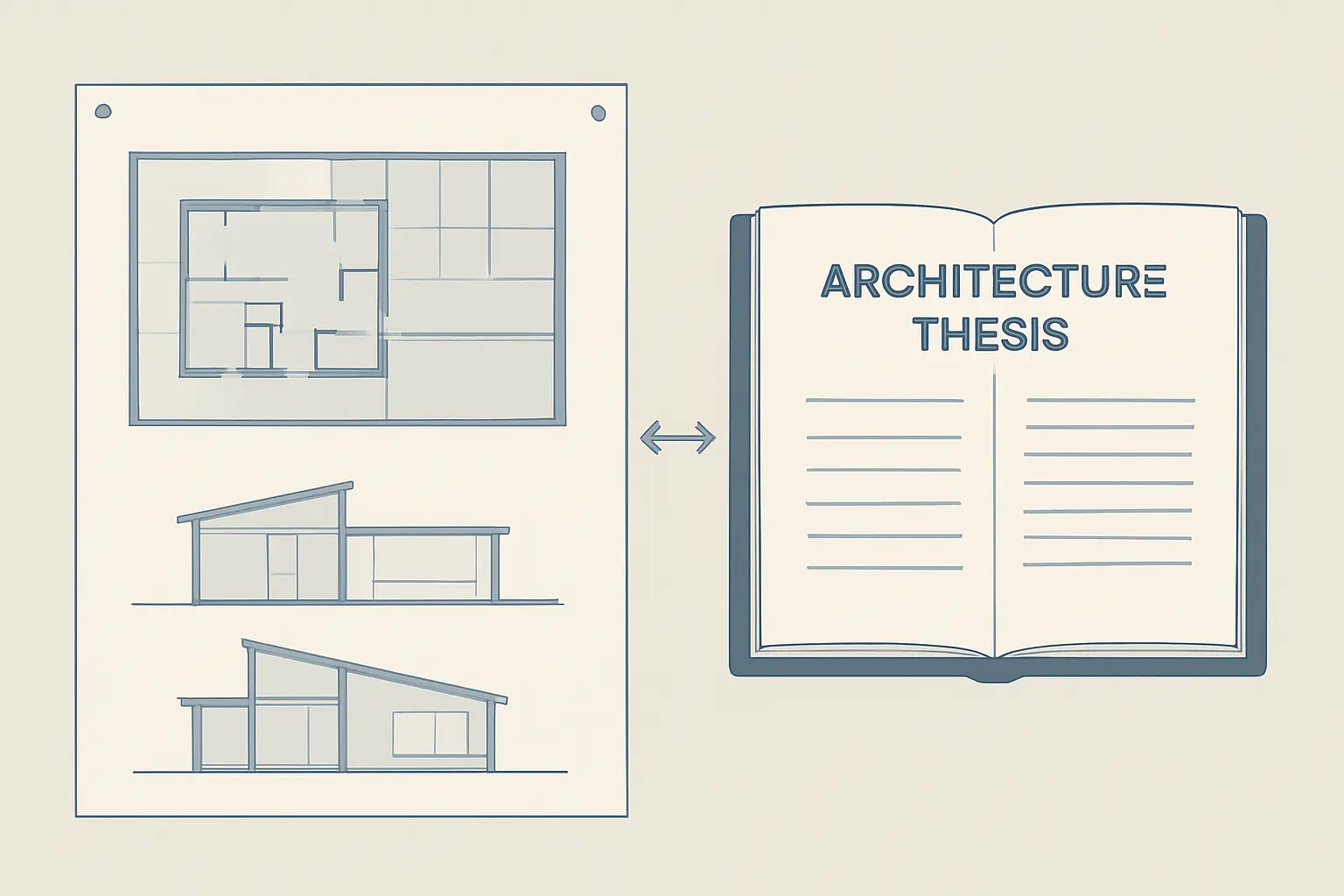 Diagram illustrating the dual structure of an architecture thesis: design drawings on one side and the written research document on the other, connected as parallel arguments