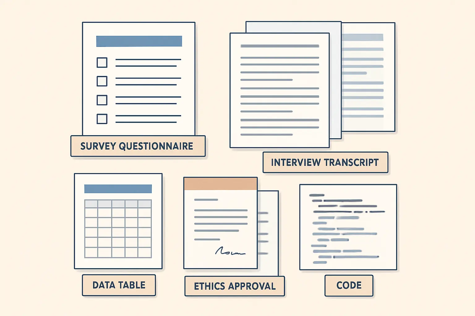Types of content that belong in a thesis appendix: survey instruments, interview transcripts, raw data tables, ethics letters, and analysis code