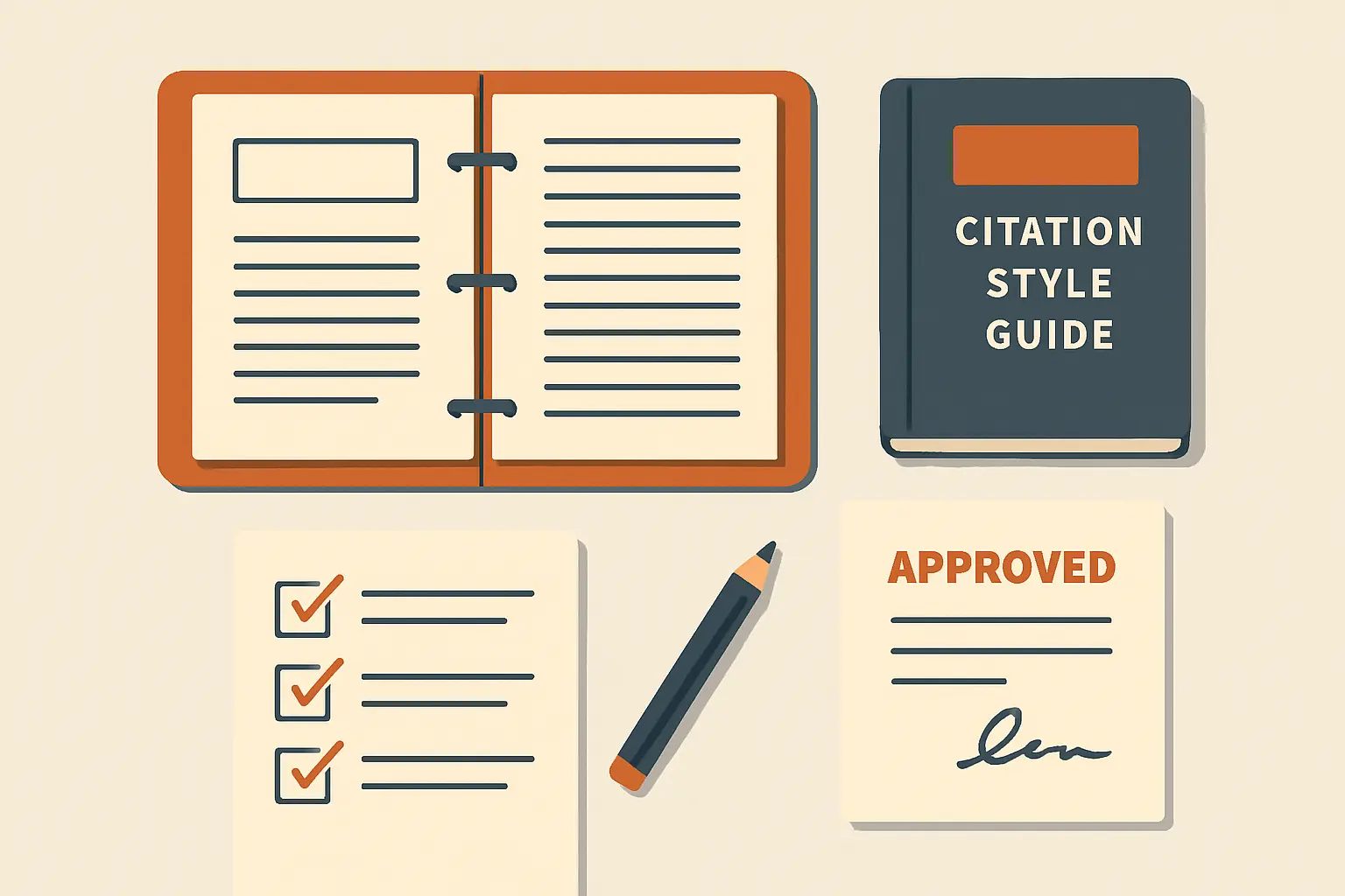 Illustration of a thesis binder, citation style guide and supervisor approval note showing the disclosure and self-citation workflow for legitimate text reuse
