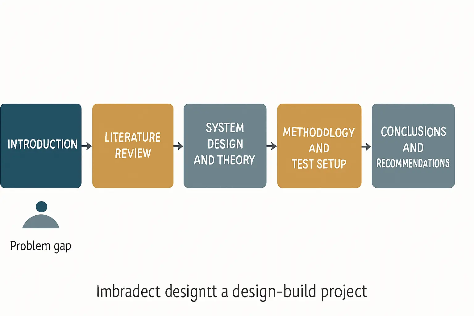 Engineering thesis chapter structure diagram: Introduction, Literature Review, System Design, Methodology and Test Setup, Results and Analysis, Conclusions and Recommendations in sequence