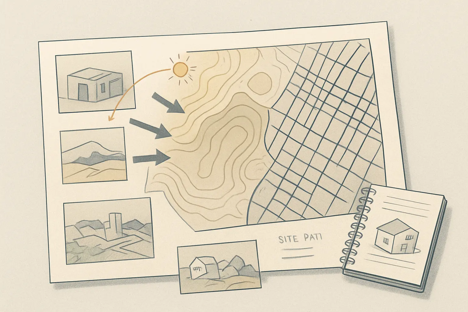 Architecture thesis site analysis illustration showing sun path, wind direction, topography, and urban context overlaid on an annotated site map