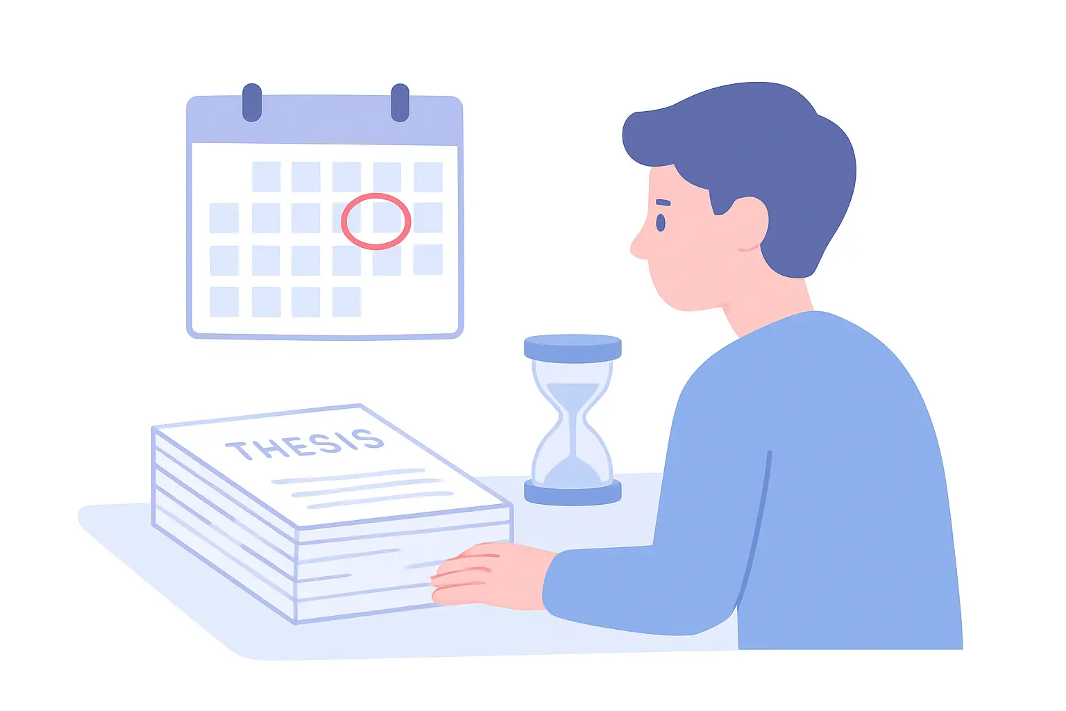 Student facing a thesis deadline with calendar, hourglass and thesis stack
