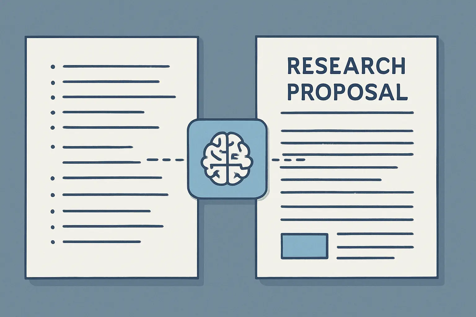 Illustration of the correct AI-assisted workflow for drafting a research proposal: student ideas transformed into a structured academic document