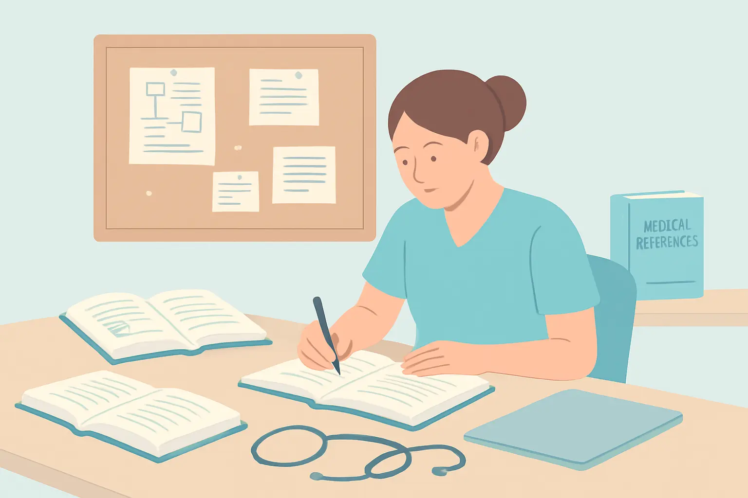 Student midwife writing a dissertation with textbooks and a stethoscope