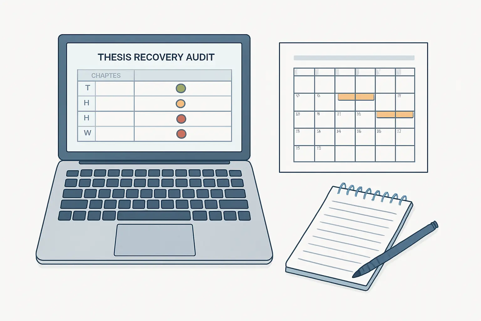 Chapter audit spreadsheet showing thesis progress status per section — the first step in a thesis recovery plan