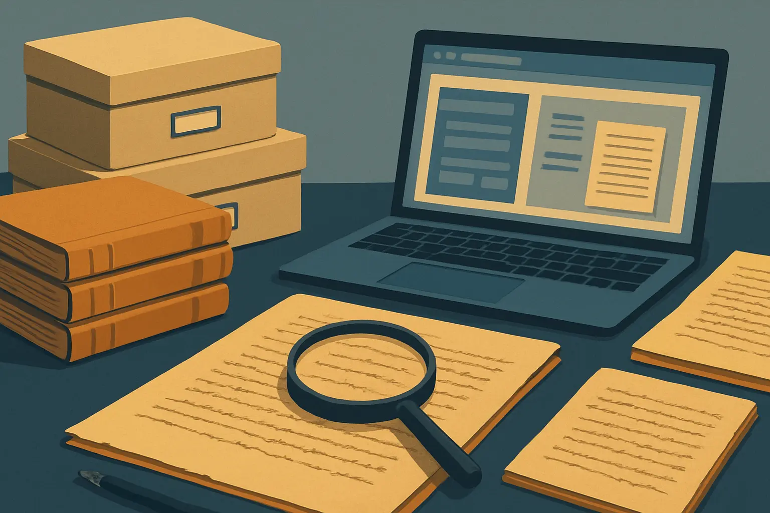 Illustration of a historian working with physical archival folders and a digital archive database side by side, representing both physical and digitised primary source research