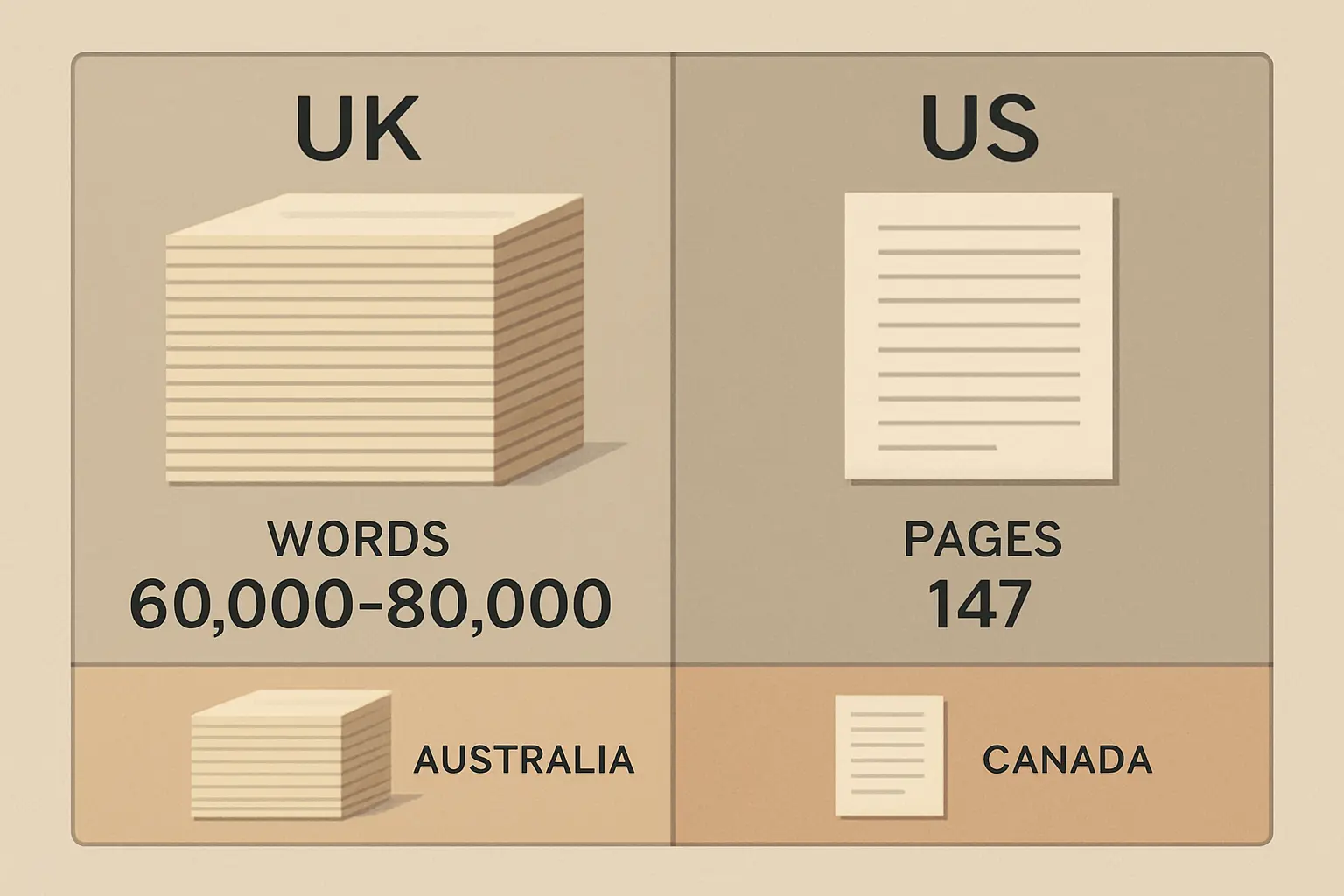Comparison of PhD dissertation length conventions: UK uses word counts (60,000–80,000 words regulated), US uses page counts (median 147 pages), Australia and Canada also shown