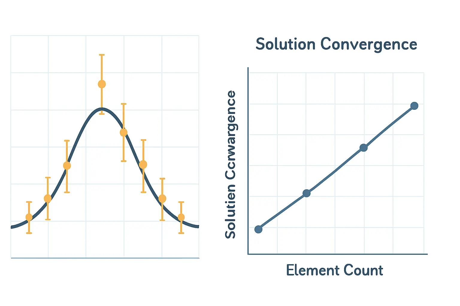 Engineering thesis validation diagram: simulation output curve compared against experimental data points with error bars, alongside a mesh independence convergence study chart