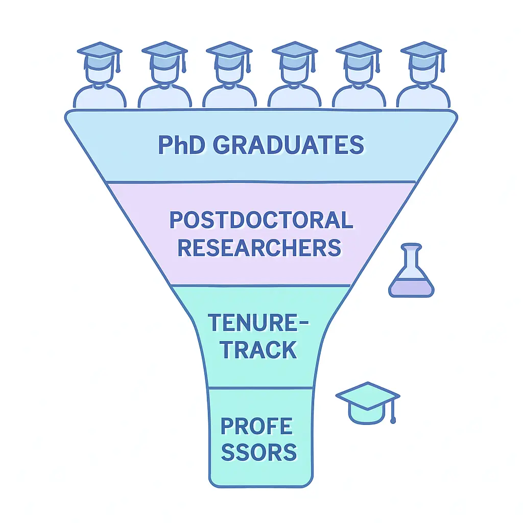 Funnel diagram of the academic job market pipeline from PhD graduates to tenure-track faculty
