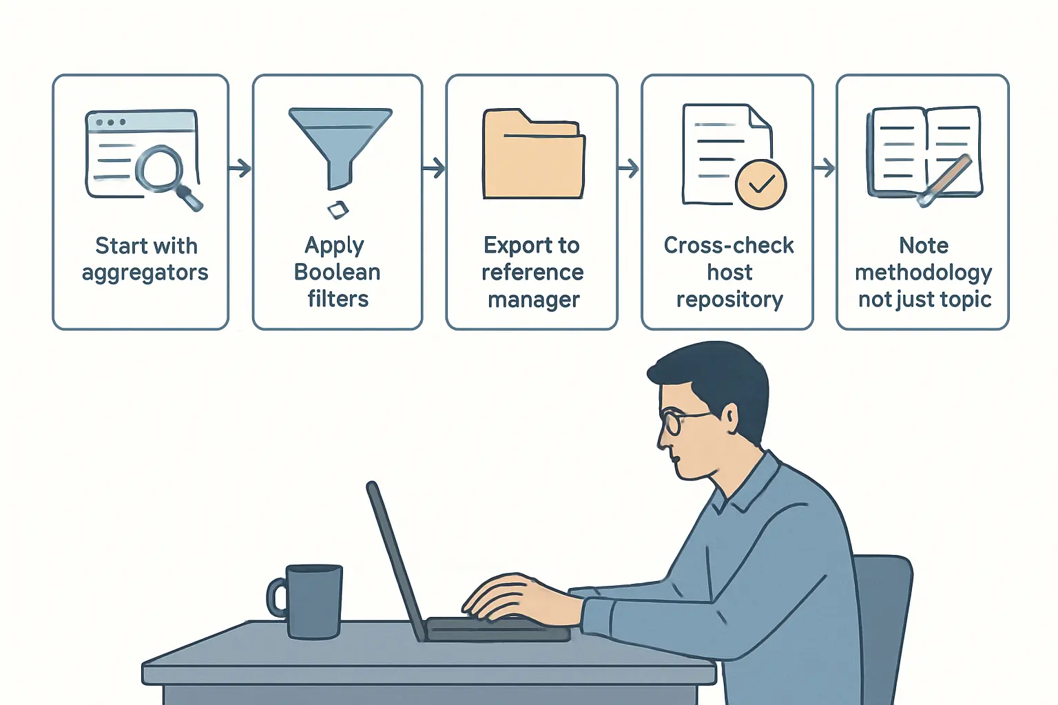 Five-step workflow for effectively searching open-access thesis repositories: aggregators, Boolean filters, reference manager, host repository check, methodology focus