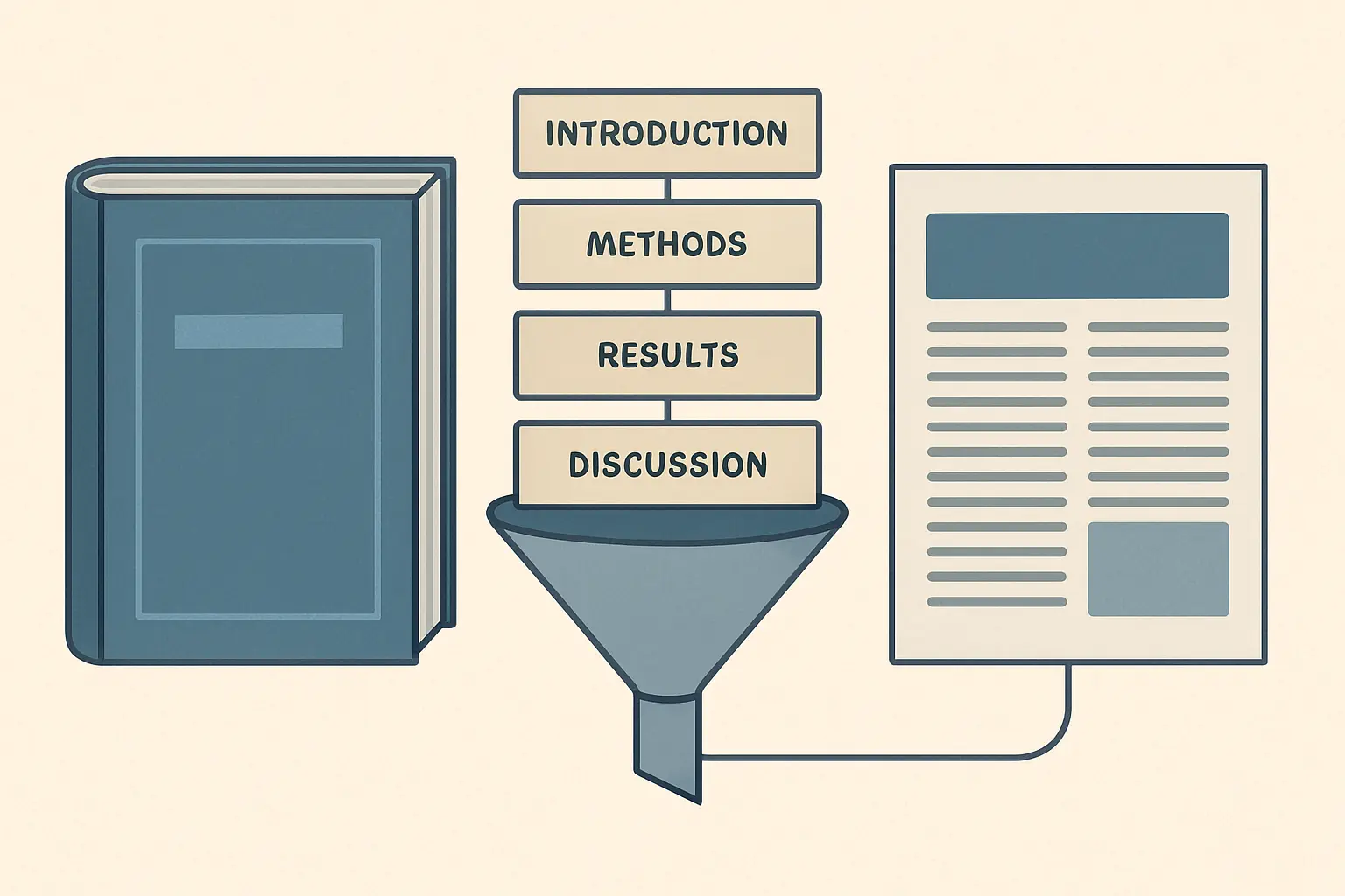 Illustration of the IMRaD funnel process for converting a thesis into a publishable journal article