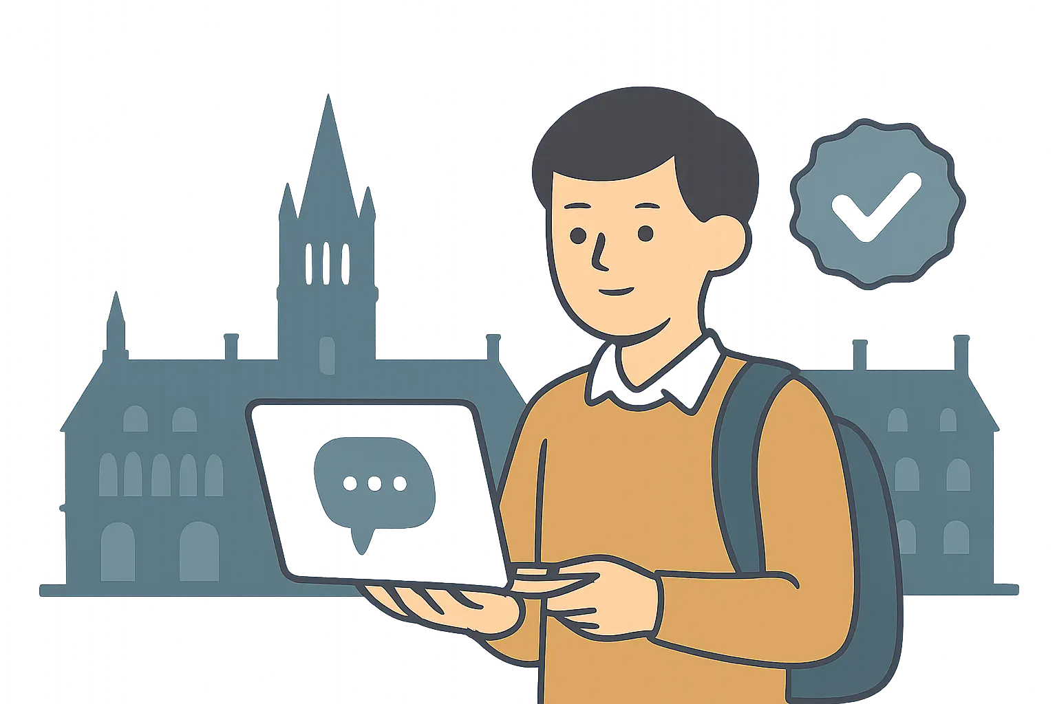 Oxford college building with a student using an AI tool and a disclosure checkmark badge