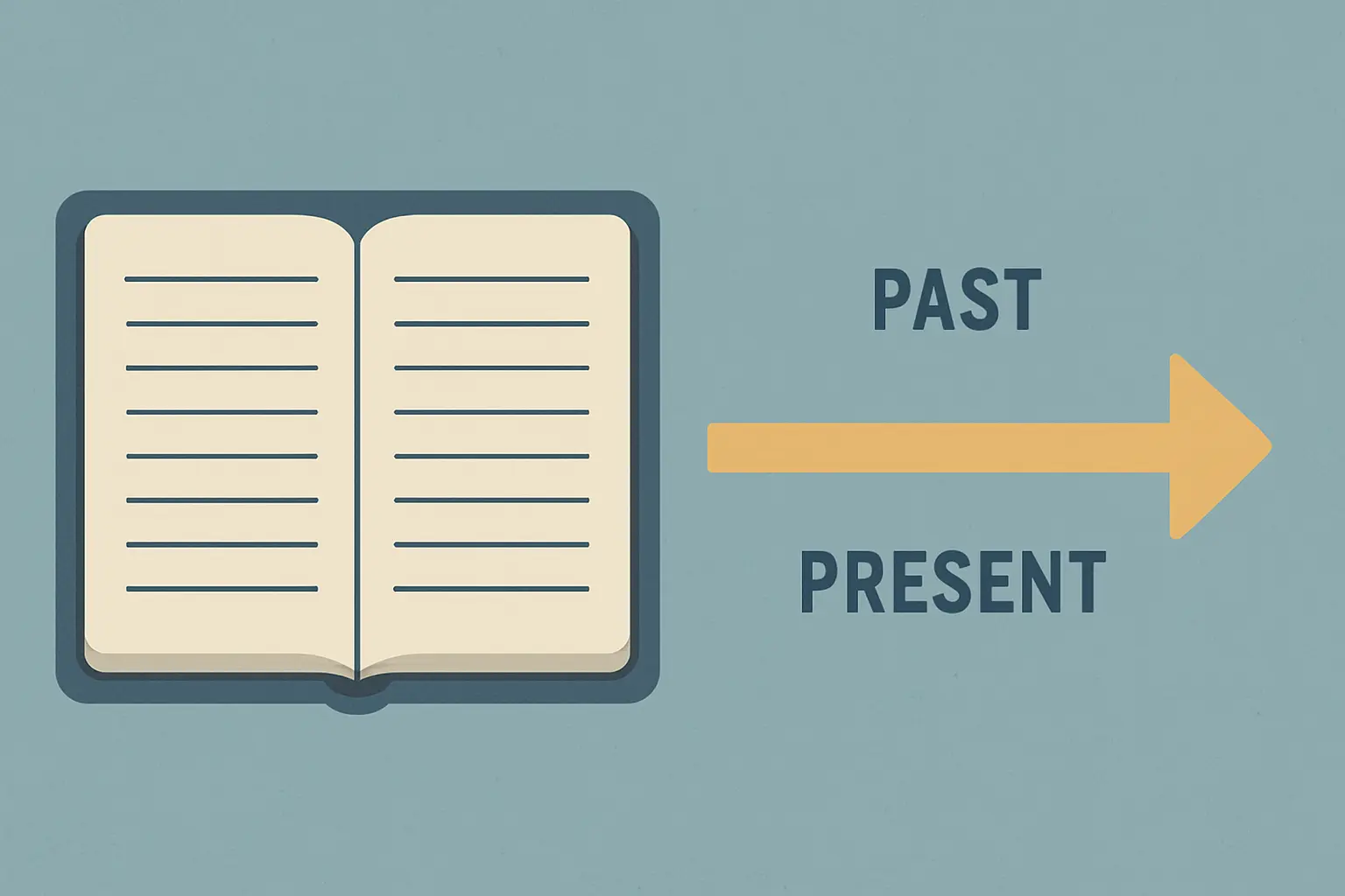Editorial illustration of a timeline and open notebook representing past and present tense usage in thesis writing